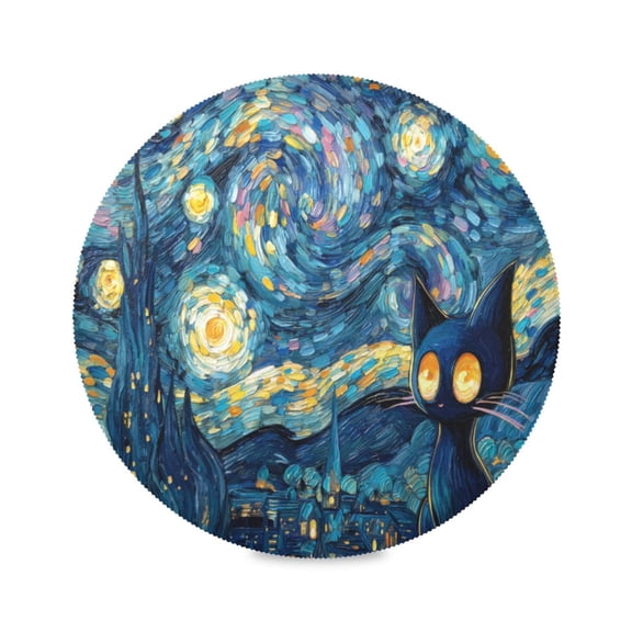 Round Placemats Set of 1 Heat Resistant Washable Kitchen Table Decorations 15.4in Mysterious Black Cat
