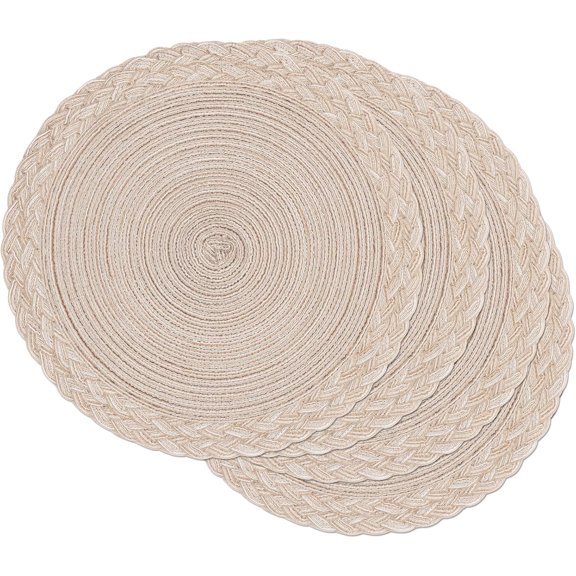 Round Placemats Set of 4 Boho Braided Border 15 inch Circle Place Mats Washable Fabric Table Mats for Kitchen Dining Table, Beige