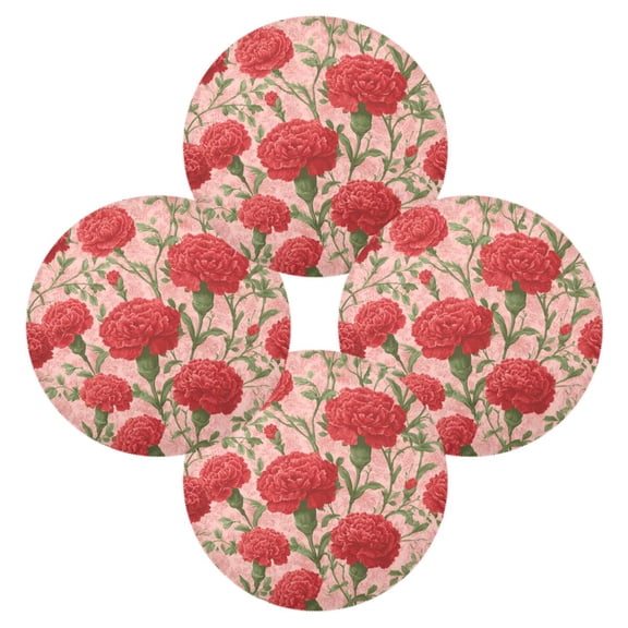 Round Placemats Set of 4 Heat Resistant Washable Kitchen Table Decorations 15.4in Elegant Red Carnation Pattern