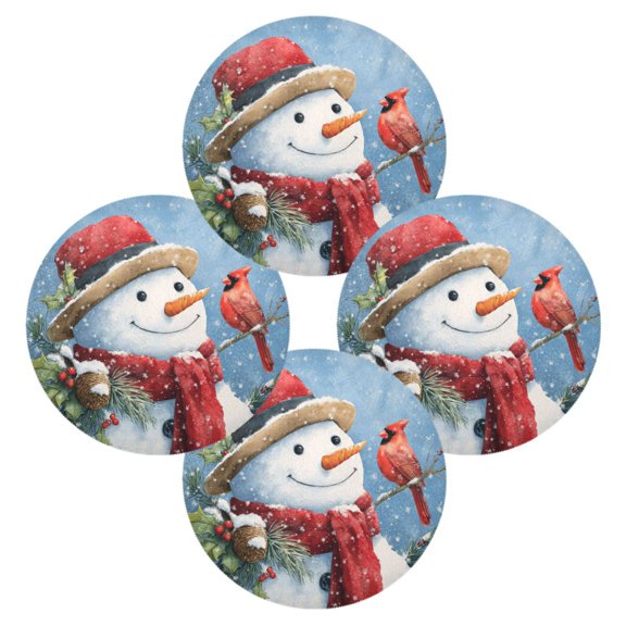 Round Placemats Set of 4 Heat Resistant Washable Kitchen Table Decorations 15.4in Snowman with Red Cardinal Bird