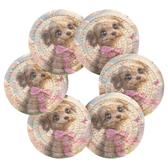 Round Placemats Set of 6 Heat Resistant Washable Kitchen Table Decorations 15.4in Cartoon Long-haired Teddy