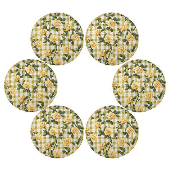Round Placemats Set of 6 Heat Resistant Washable Kitchen Table Decorations 15.4in Gingham Pattern Yellow Roses