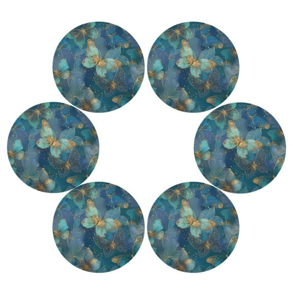 Round Placemats Set of 6 Heat Resistant Washable Kitchen Table Decorations 15.4in Gold and Teal Butterflies