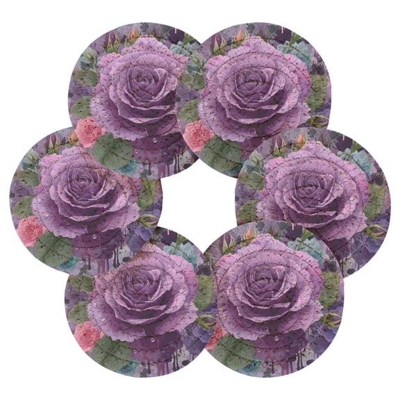 Round Placemats Set of 6 Heat Resistant Washable Kitchen Table Decorations 15.4in Purple Rose Gradient Painting