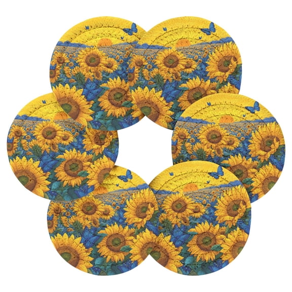 Round Placemats Set of 6 Heat Resistant Washable Kitchen Table Decorations 15.4in Sunflowers in The Field