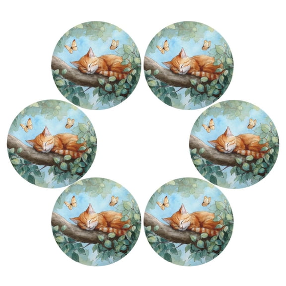 Round Placemats Set of 6 Heat Resistant Washable Kitchen Table Decorations 15.4in Tangerine Cat in The Tree