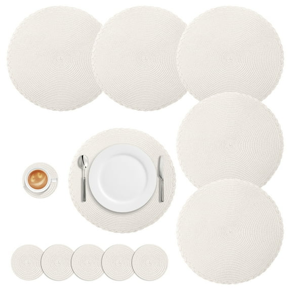 Round Placemats Set of 6 Woven Round Table Mats with Coasters 13 inch Braided Border Washable Cotton Polyester Circle Place Mats