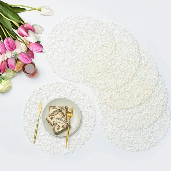 Round Placemats Set of 6 for Dining Table, 15 Inch Paper Woven Boho Decorative Circle Place Mat for Wedding Christmas Thanksgiving Day Holiday Dinner