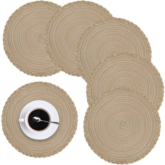 Round Placemats Set of 6 for Dining Table – Woven Heat Resistant Anti-Slid Cotton Kitchen Table Mats 15 inch, Easy to Care, Mixed Color, Light Brown