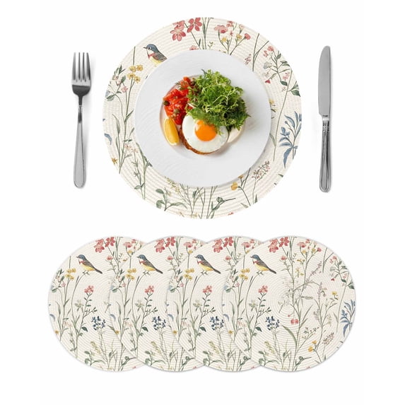 Round Placemats Spring Floral Bird 15 inch Set of 4 Table Mats for Dining Table Wildflowers Leaves Plant Heat Resistant Non-Slip Kitchen & Home Decorative Place Mat Set