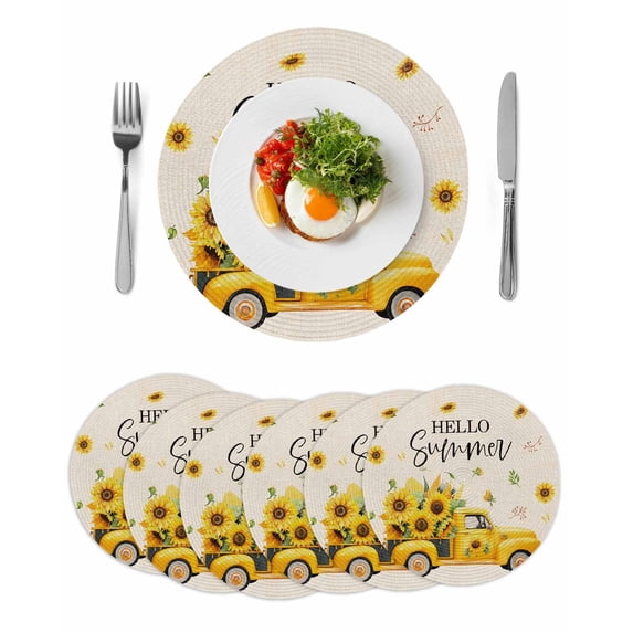 Round Placemats Sunflower Truck 15 inch Set of 6 Table Mats for Dining Table Vintage Hello Summer Heat Resistant Non-Slip Kitchen & Home Decorative Place Mat Set