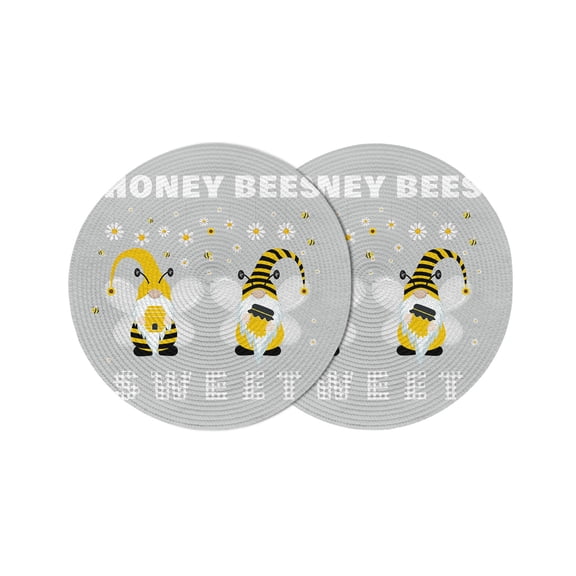 Round Placemats Sweet Gnomes Bee 15 inch Set of 2 Table Mats for Dining Table Daisy Flower Bee Cute Cartoon Grey Heat Resistant Non-Slip Kitchen & Home Decorative Place Mat Set