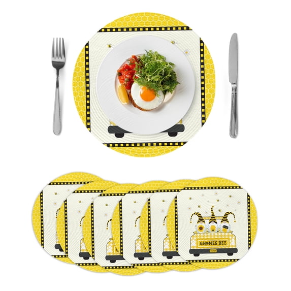Round Placemats Truck With Gnomes Bee 15 inch Set of 6 Table Mats for Dining Table Yellow Buffalo Check Plaid Heat Resistant Non-Slip Kitchen & Home Decorative Place Mat Set