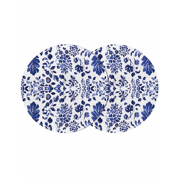 Round Placemats Watercolor Blue Flower Pattern 15 inch Set of 2 Table Mats for Dining Table Retro Style Heat Resistant Non-Slip Kitchen & Home Decorative Place Mat Set