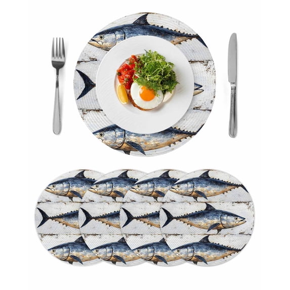 Round Placemats Watercolor Blue Yellow Fish 15 inch Set of 4 Table Mats for Dining Table Wood Grain Heat Resistant Non-Slip Kitchen & Home Decorative Place Mat Set