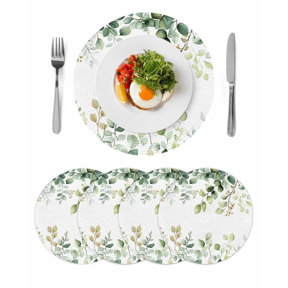 Round Placemats Watercolor Eucalyptus Leaf 15 inch Set of 4 Table Mats for Dining Table Green Leaves Berry Plant Heat Resistant Non-Slip Kitchen & Home Decorative Place Mat Set