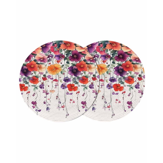 Round Placemats Watercolor Floral Leaf 15 inch Set of 2 Table Mats for Dining Table Purple Red Heat Resistant Non-Slip Kitchen & Home Decorative Place Mat Set