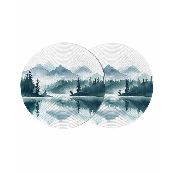 Round Placemats Watercolor Ombre Green Lake Forest 15 inch Set of 2 Table Mats for Dining Table Trees Mountain Heat Resistant Non-Slip Kitchen & Home Decorative Place Mat Set