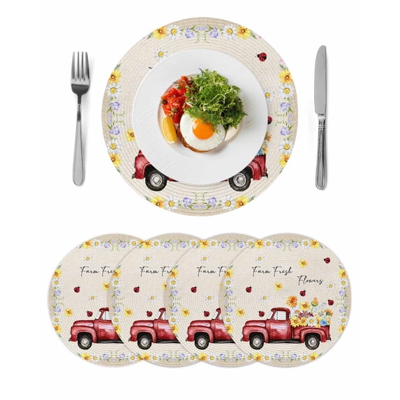 Round Placemats Watercolor Truck Daisy 15 inch Set of 4 Table Mats for Dining Table Spring Flowers Leaf Plant Heat Resistant Non-Slip Kitchen & Home Decorative Place Mat Set