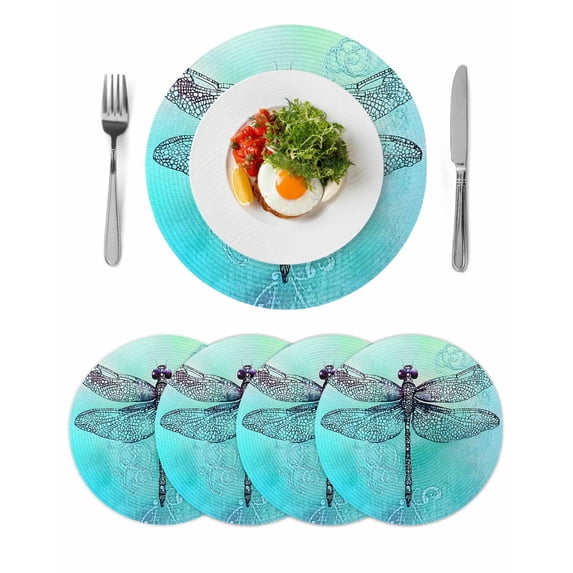 Round Placemats Watercolors Dragonfly 15 inch Set of 4 Table Mats for Dining Table Teal Painting Heat Resistant Non-Slip Kitchen & Home Decorative Place Mat Set