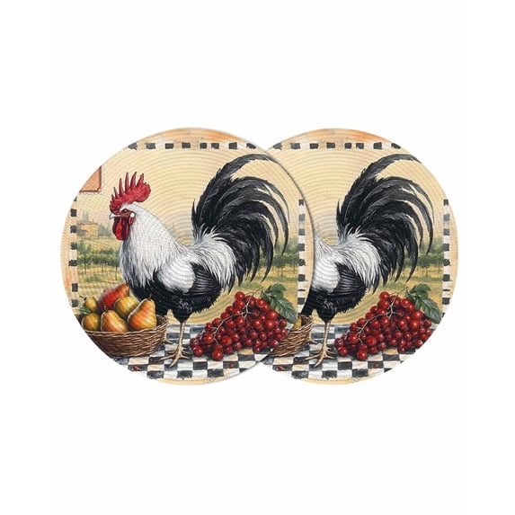 Round Placemats White Black Rooster 15 inch Set of 2 Table Mats for Dining Table Vintage Pear Grapes Heat Resistant Non-Slip Kitchen & Home Decorative Place Mat Set