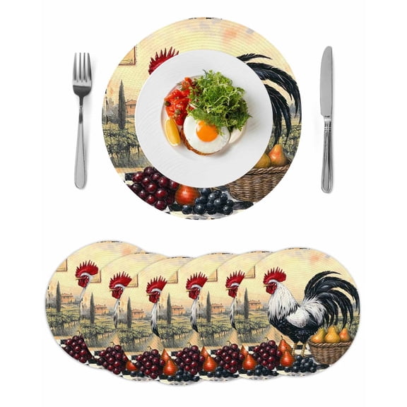 Round Placemats White Black Rooster 15 inch Set of 6 Table Mats for Dining Table Farmhouse Pear Grapes Heat Resistant Non-Slip Kitchen & Home Decorative Place Mat Set