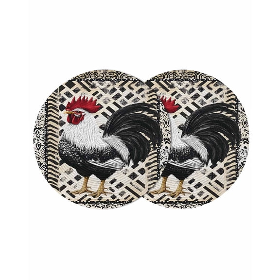 Round Placemats White Black Rooster Flowers 15 inch Set of 2 Table Mats for Dining Table Retro Style Heat Resistant Non-Slip Kitchen & Home Decorative Place Mat Set