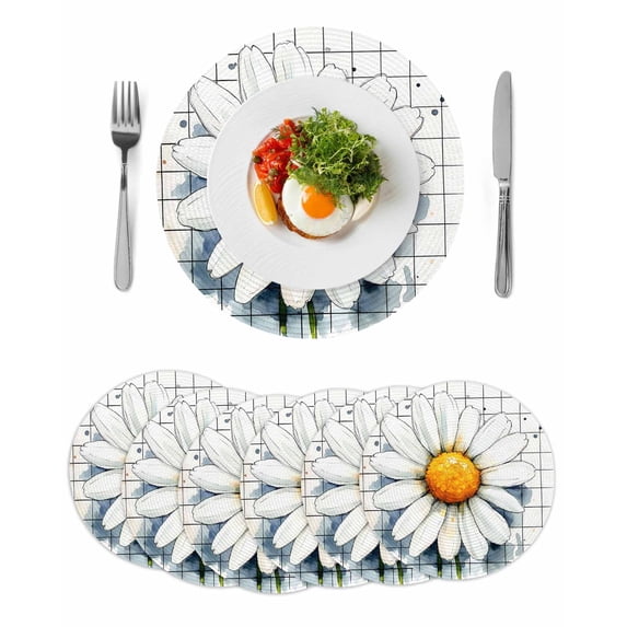 Round Placemats White Daisy 15 inch Set of 6 Table Mats for Dining Table Retro Art Heat Resistant Non-Slip Kitchen & Home Decorative Place Mat Set