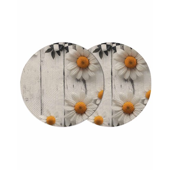 Round Placemats White Daisy Floral 15 inch Set of 2 Table Mats for Dining Table Wood Grain Heat Resistant Non-Slip Kitchen & Home Decorative Place Mat Set