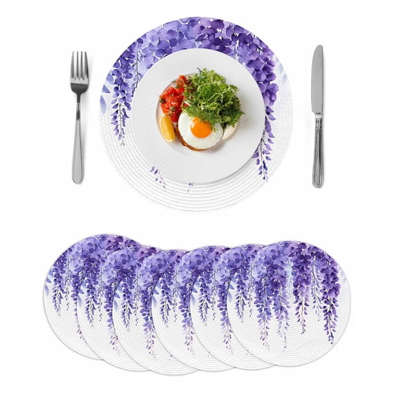 Round Placemats Wisteria Floral 15 inch Set of 6 Table Mats for Dining Table Purple Leaf Heat Resistant Non-Slip Kitchen & Home Decorative Place Mat Set