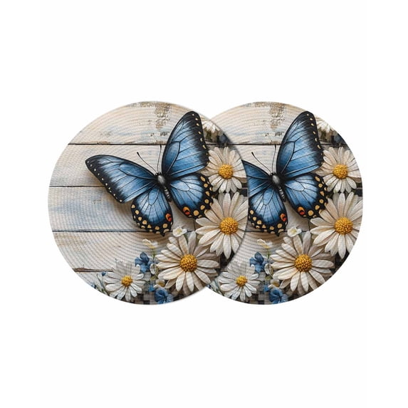 Round Placemats Wood Grain 15 inch Set of 2 Table Mats for Dining Table Blue Butterfly Flower Heat Resistant Non-Slip Kitchen & Home Decorative Place Mat Set
