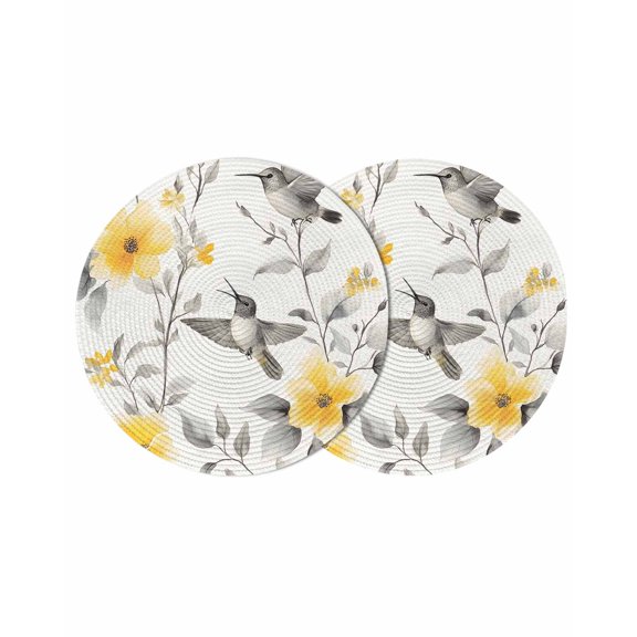 Round Placemats Yellow Flowers Bird 15 inch Set of 2 Table Mats for Dining Table Gray Leaves Plant Heat Resistant Non-Slip Kitchen & Home Decorative Place Mat Set
