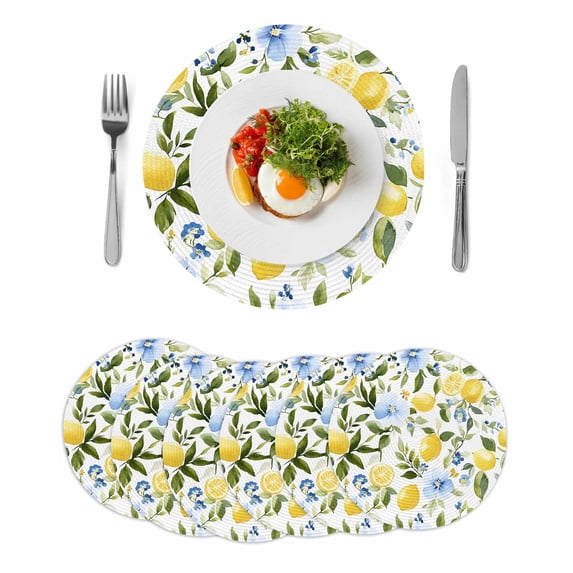 Round Placemats Yellow Lemon Blue Flowers 15 inch Set of 6 Table Mats for Dining Table Watercolor Leaf Plant Heat Resistant Non-Slip Kitchen & Home Decorative Place Mat Set