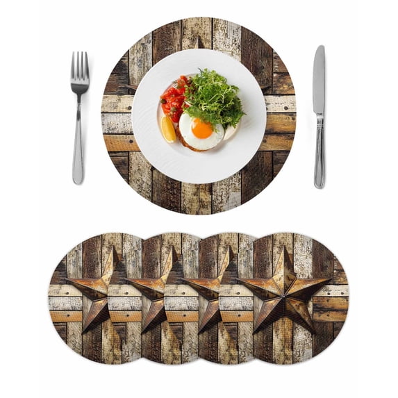 Round Placemats Yellow Metallic Stars 15 inch Set of 4 Table Mats for Dining Table Retro Wood Grain Heat Resistant Non-Slip Kitchen & Home Decorative Place Mat Set