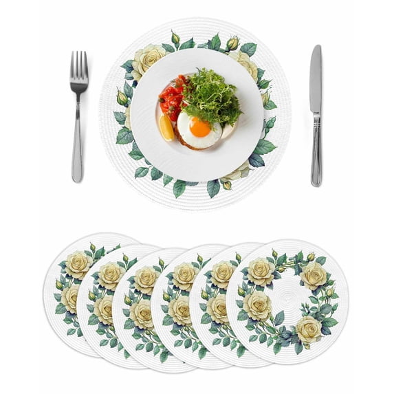 Round Placemats Yellow Rose Wreath 15 inch Set of 6 Table Mats for Dining Table Leaf Plant Heat Resistant Non-Slip Kitchen & Home Decorative Place Mat Set