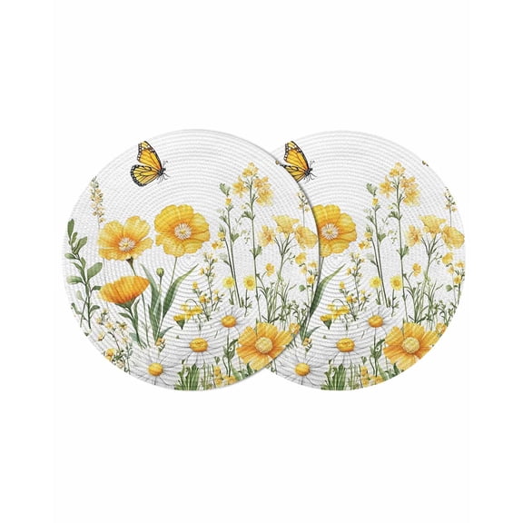 Round Placemats Yellow White Daisy 15 inch Set of 2 Table Mats for Dining Table Floral Butterfly Leaves Heat Resistant Non-Slip Kitchen & Home Decorative Place Mat Set