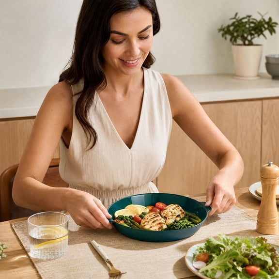 Round Plastic Dinner with Double Handles, Reusable Serving Plates, Microwave Safe Shallow Tray for Kitchen Dining Salad Pasta