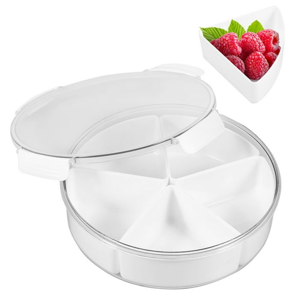 Round Plastic Divided Serving Tray with Lid, 5 Individual Dishes Food Storage Containers, Hot Pot Serving Platter for Snack, Fruit, Veggie, Candies