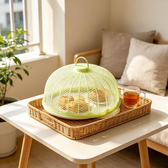 Round Plastic Food Cover, 9.8 Inch Dome Dish Guard with Handle, Breathable Mesh for Leftover Protection