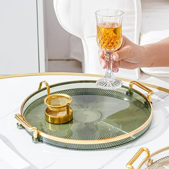 Round Plastic Serving Tray with Handles for Coffee Table, Tea Cups, Snacks, and Home Organization