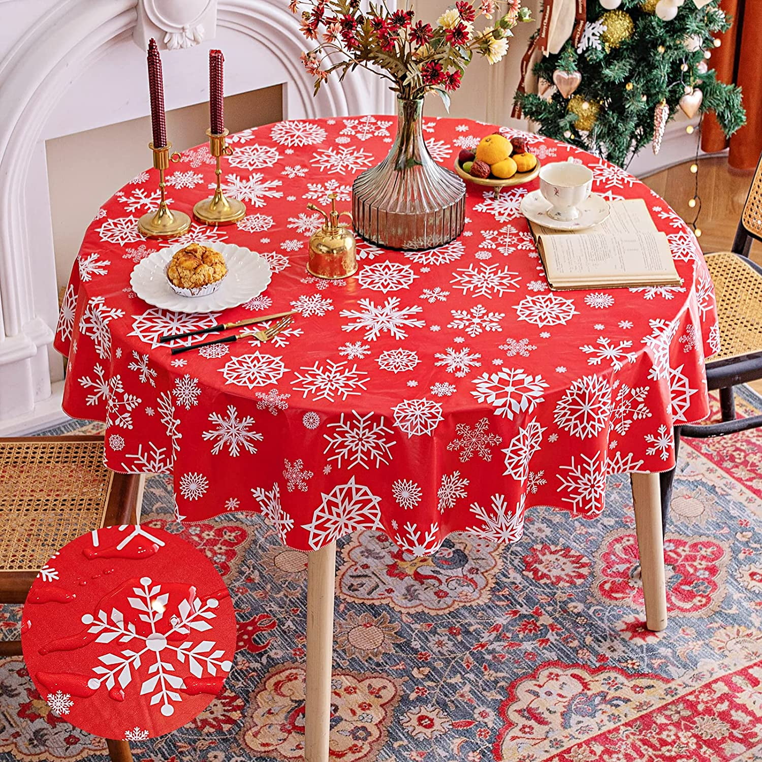 Round Plastic Table Cloth, Waterproof Vinyl Tablecloth with Flannel