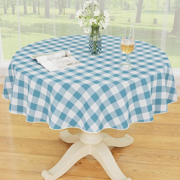 Round Plastic Table Cloth, Waterproof Vinyl Tablecloth with Flannel Backing, Wipeable Buffalo Plaid Table Cover for Dining, Indoor and Outdoor (Aquamarine & White, 60" Round)