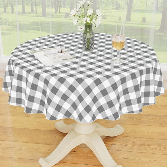 Round Plastic Table Cloth, Waterproof Vinyl Tablecloth with Flannel Backing, Wipeable Buffalo Plaid Table Cover for Dining, Indoor and Outdoor (Grey & White, 60" Round)