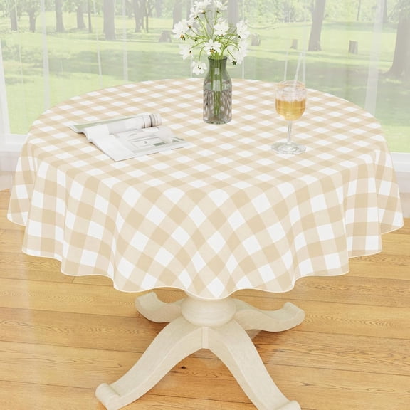 Round Plastic Table Cloth, Waterproof Vinyl Tablecloth with Flannel Backing, Wipeable Buffalo Plaid Table Cover for Dining, Indoor and Outdoor (White & Beige, 60" Round)