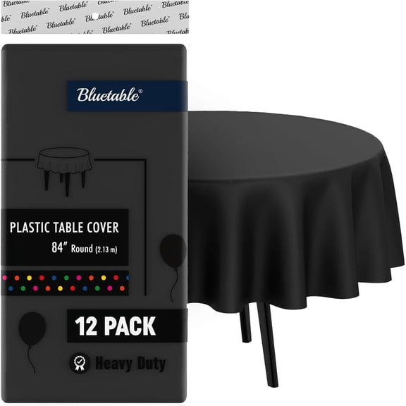 Round Plastic Tablecloth Black Disposable (12 Pack) Bulk - Heavy Duty Table Cloth (84” Inches) Round Tables Tablecloths