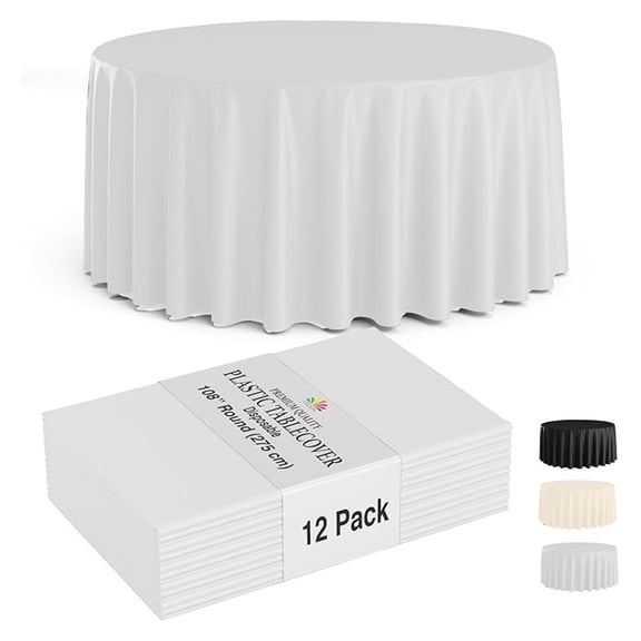 Round Plastic Tablecloth XYT 108-Inch White 12-Pack For Parties Picnics Protecting Tables Disposable