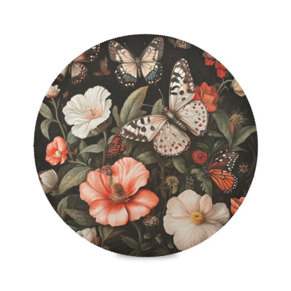 Round Plate Mat 15.4x15.4 Inchesx1 Placemat Table Mat Kitchen Mat Coffee Mat Fabric Thick, Strong Wear-Resistant, Heat Resistance Big Butterflies and Flowers