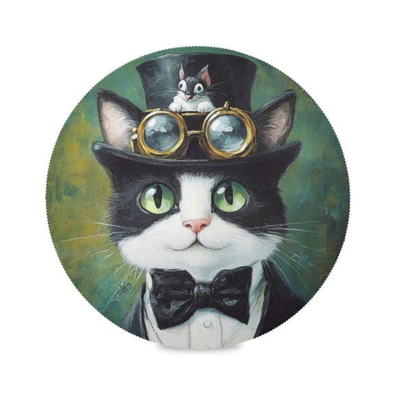Round Plate Mat 15.4x15.4 Inchesx1 Placemat Table Mat Kitchen Mat Coffee Mat Fabric Thick, Strong Wear-Resistant, Heat Resistance Black Cat in Suit