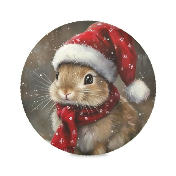 Round Plate Mat 15.4x15.4 Inchesx1 Placemat Table Mat Kitchen Mat Coffee Mat Fabric Thick, Strong Wear-Resistant, Heat Resistance Brown Christmas Bunny