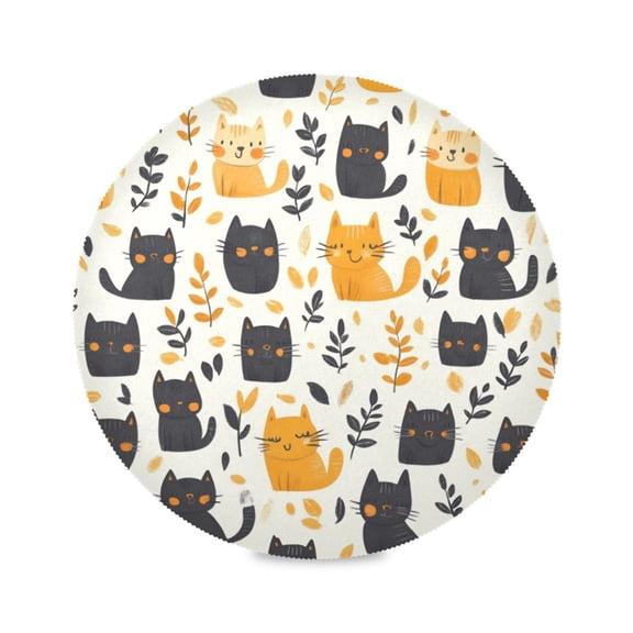 Round Plate Mat 15.4x15.4 Inchesx1 Placemat Table Mat Kitchen Mat Coffee Mat Fabric Thick, Strong Wear-Resistant, Heat Resistance Cartoon Black and Gold Cat